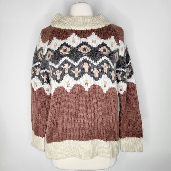 AERIE Brown Chunky Knit Sweater Sz S Fair Isle Nordic Aztec Wool Blend Longline - Picture 3 of 11